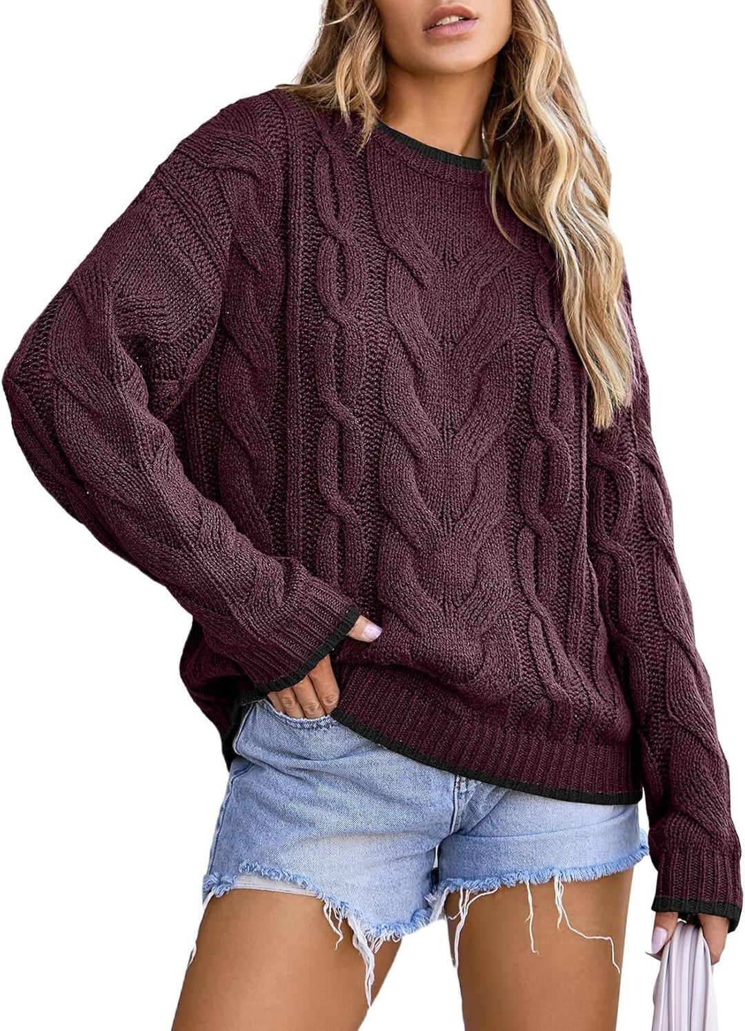 Damen Strickpullover mit grobem Zopfmuster Drune