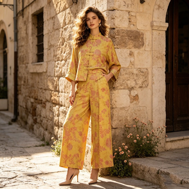 Damen Zweiteiliges Jacquard-Set mit Stehkragen und Knotenverschlüssen Drune