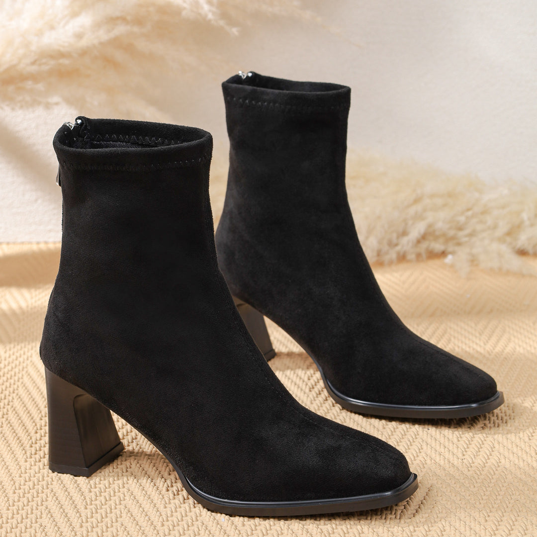 Damen Elegante Stiefeletten aus Wildleder mit Blockabsatz Drune