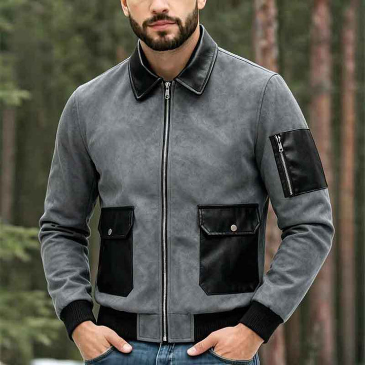 Herren Modische Lederjacke mit hohem Kragen und praktischen Taschen Drune