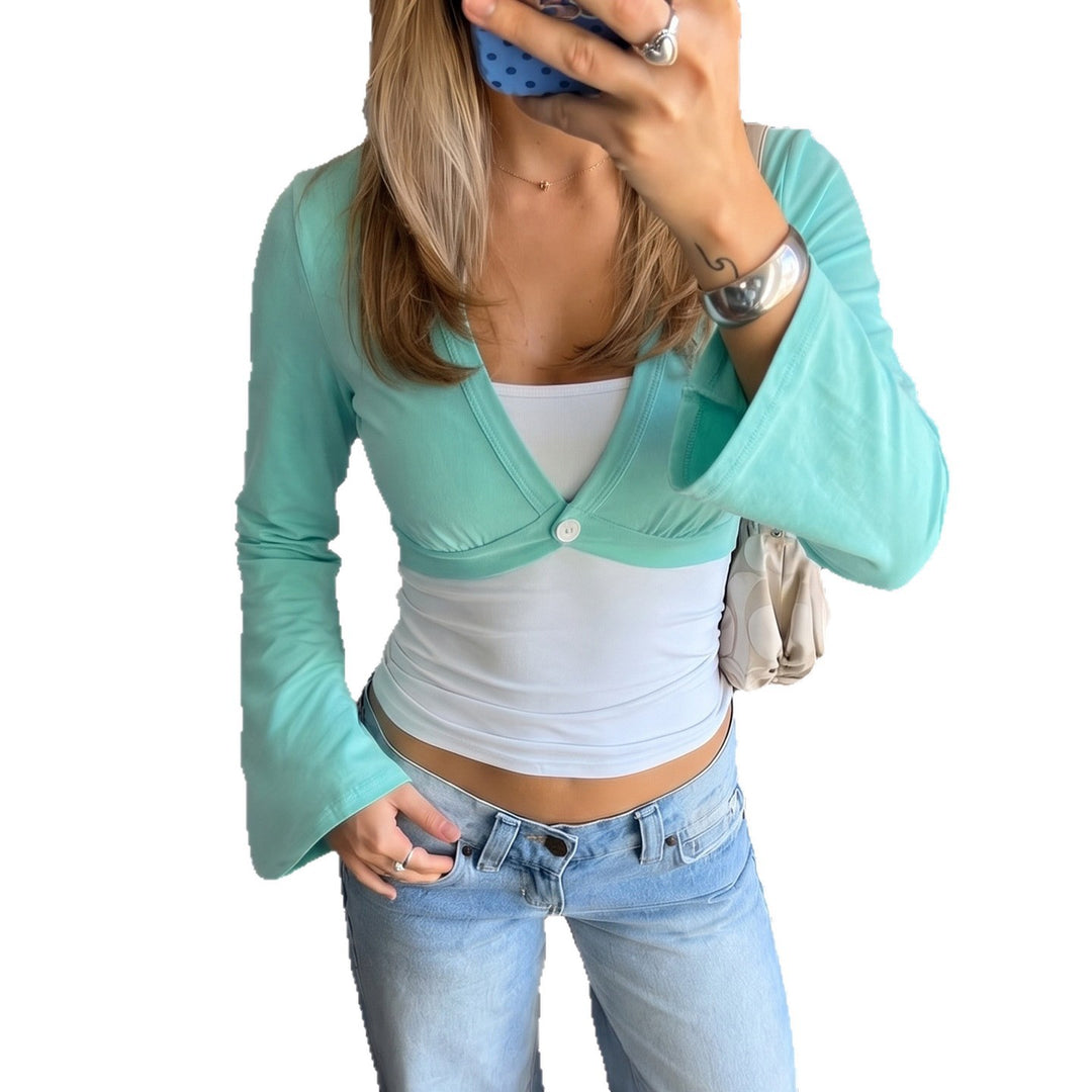 Damen Bolero-inspiriertes Crop-Top mit tailliertem Unterteil, V‑Ausschnitt und ausgestellten Ärmeln Drune
