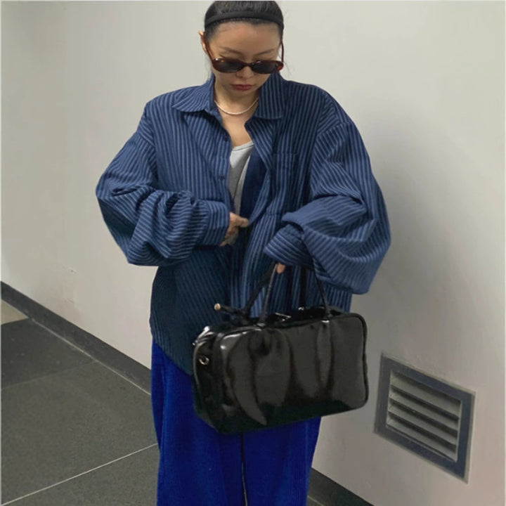 Damen Oversize-Hemd mit feiner Nadelstreifen-Optik, gerundetem Saum und überschnittener Schulter Drune