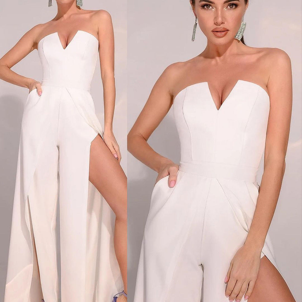 Damen Elegantes Trägerloses Jumpsuit mit weit ausgestellten Beinen und Taschen Drune