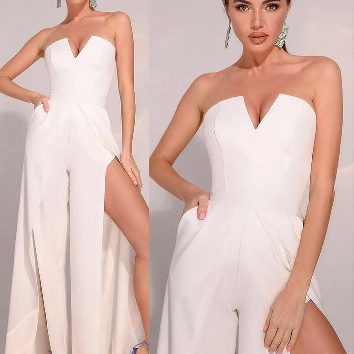 Damen Eleganter Jumpsuit mit schmalen Trägern und seitlichen Eingrifftaschen Drune