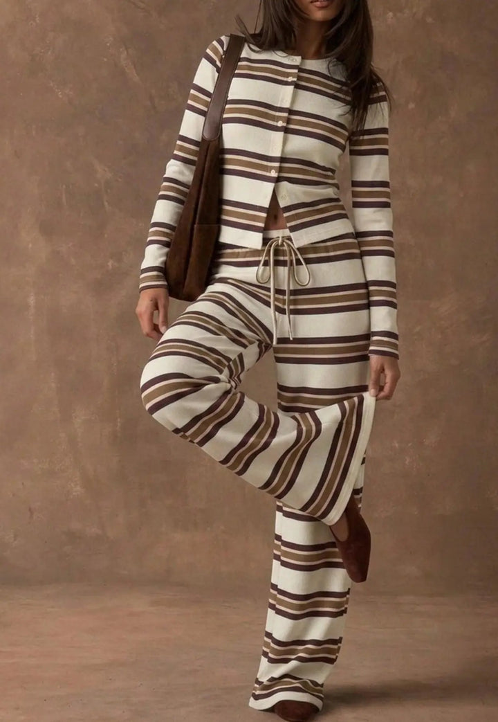 Damen Gestreiftes Strick-Lounge-Set mit tailliertem Knopfcardigan und weitem Palazzohose Drune