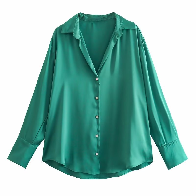 Damen Oversized Satinbluse mit Hemdkragen und breiten Manschetten Drune