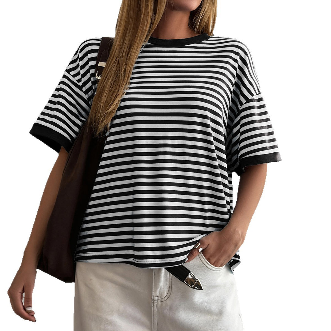 Damen Oversized Streifen-T-Shirt mit Kurzarm und Rundhalsausschnitt Drune