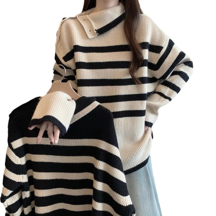 Damen Modischer Strickpullover mit asymmetrischem Kragen und Streifenmuster Drune