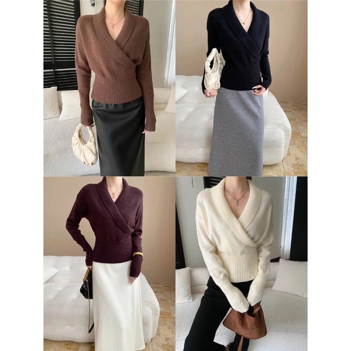 Damen eleganter Wickelpullover mit breitem Rippbund Drune
