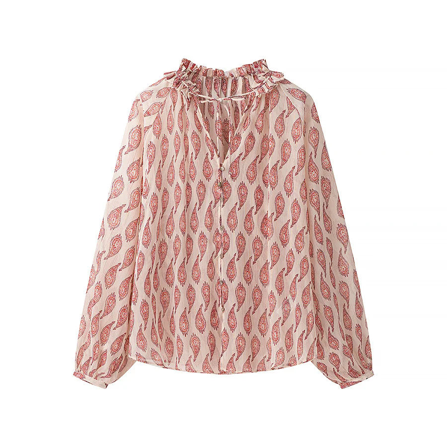 Damen nan locker geschnittene Chiffonbluse mit Rüschenkragen und Bandverschluss Drune