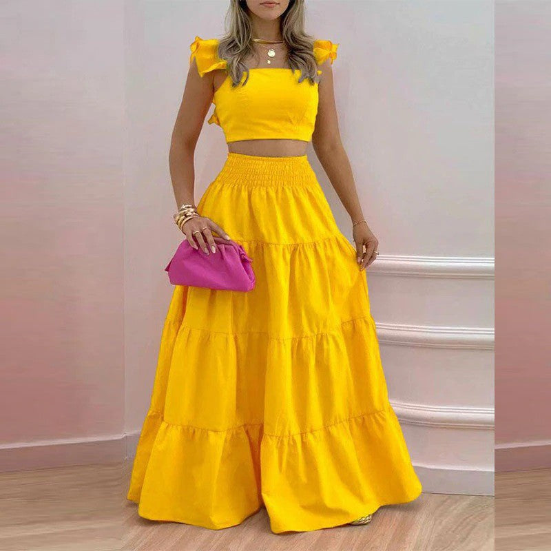 Damen Maxikleid mit voluminösem Rock und Rüschendetails Drune