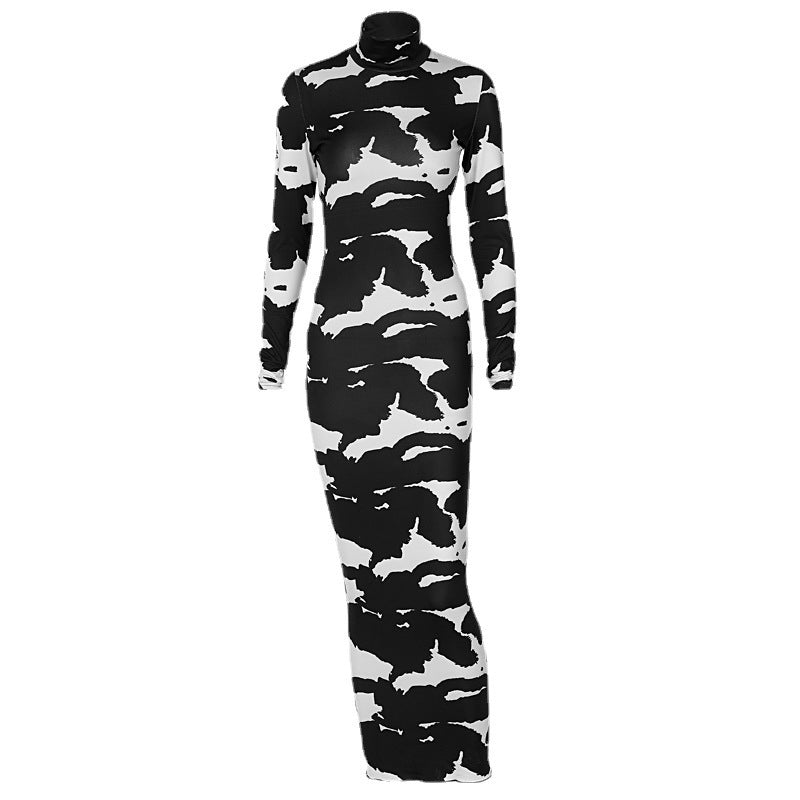 Damen Figurbetontes Stretch-Midikleid mit Rollkragen und abstraktem Animalprint Drune