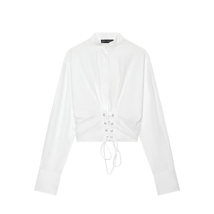 Damen Taillierte Cropped-Bluse mit Stehkragen, Schnürung und langen Manschetten Drune