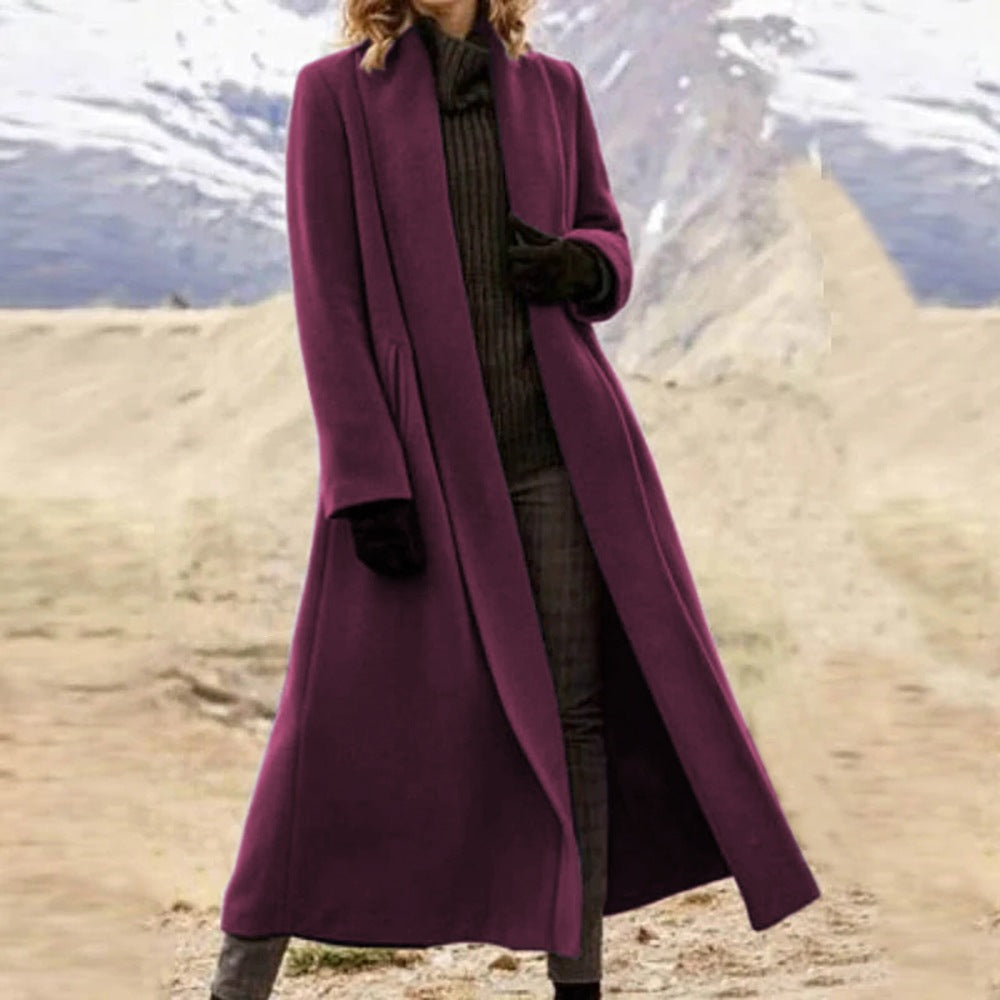 Damen eleganter langer Wollmix-Mantel mit offenem Fall und seitlichen Eingrifftaschen Drune