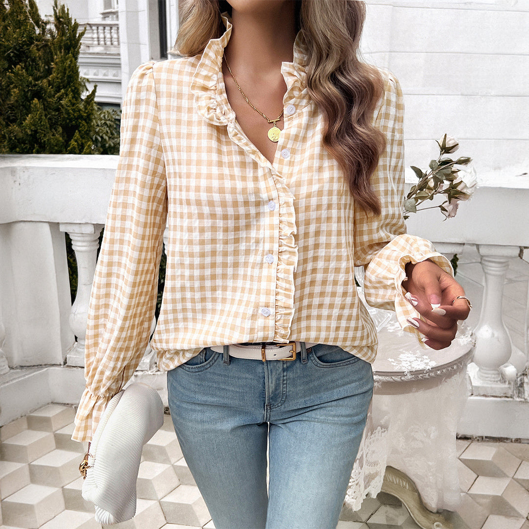 Damen Karierte Bluse mit Rüschendetails und Knopfleiste Drune