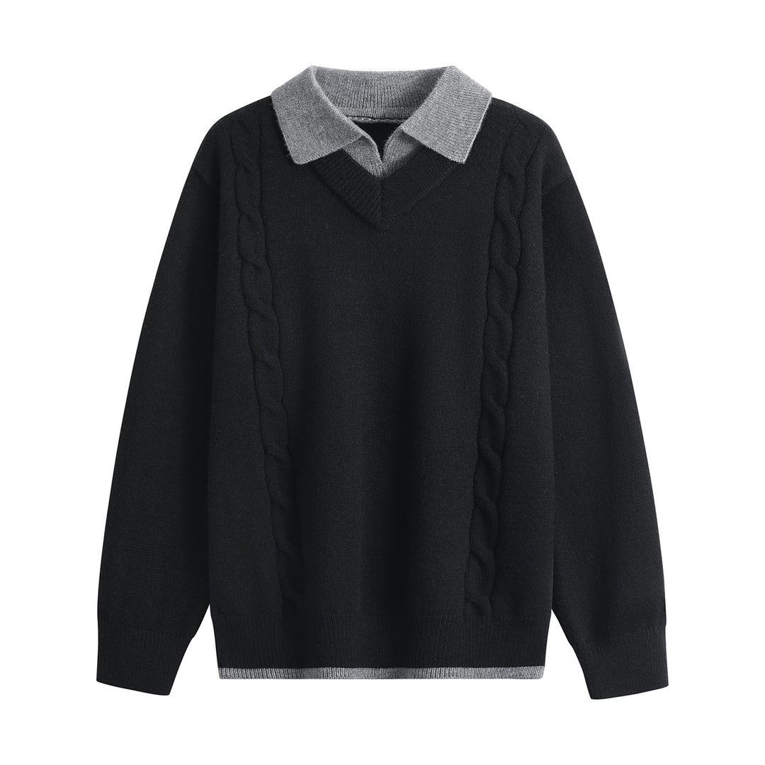 Damen Oversize-Pullover mit V-Ausschnitt, kontrastierendem Polokragen & Zopfstrick-Details Drune