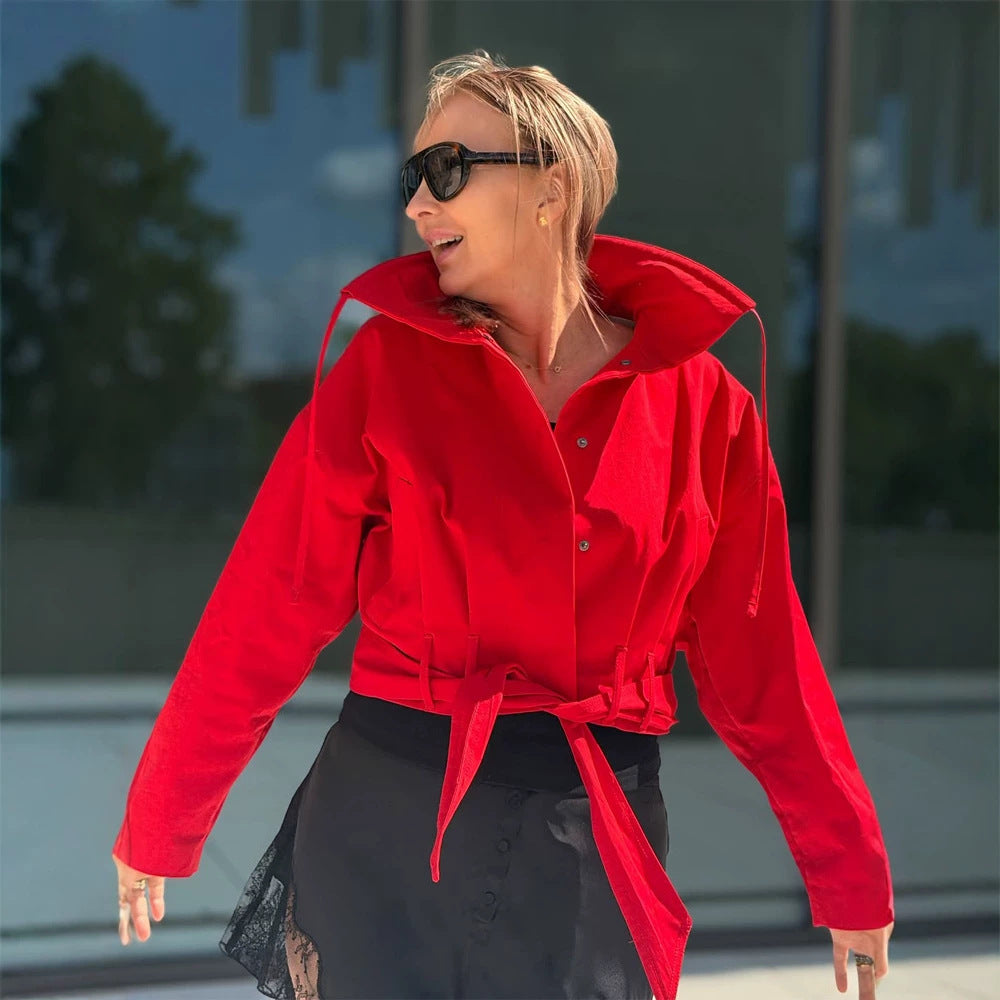 Damen Oversize Kurzjacke mit Taillengürtel und Hemdkragen Drune