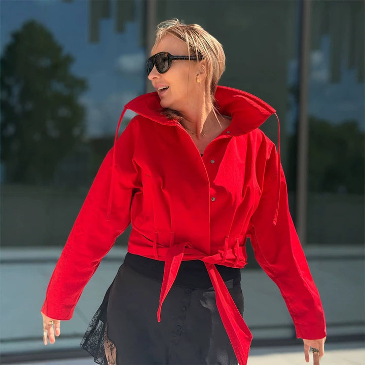 Damen Oversize Kurzjacke mit Taillengürtel und Hemdkragen Drune