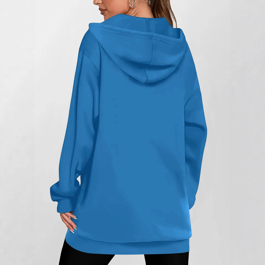 Damen Lange Kapuzen-Sweatjacke mit Metallreißverschluss, Kängurutaschen und figurumspielender Silhouette Drune