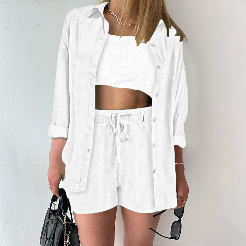Damen Leinenoptik dreiteiliges Sommer-Lounge-Set mit Oversize-Hemd Cropped-Top und High-Waist-Shorts Drune
