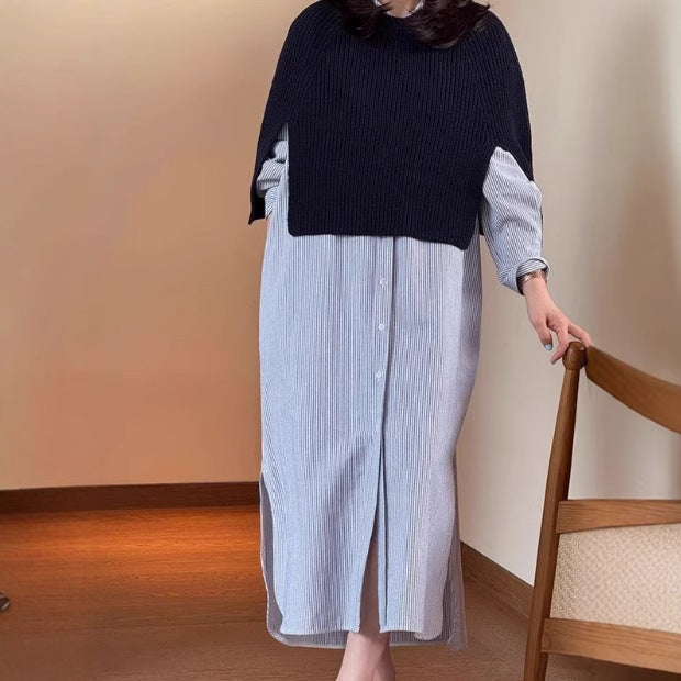 Damen Langes Hemdblusenkleid aus Popeline mit feiner Streifenstruktur, Kordel‑Taille und Seitenschlitzen Drune