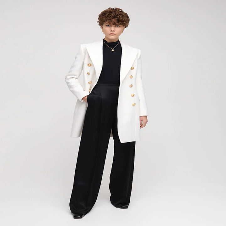 Damen Schmalgeschnittener Zweireihiger Wollmix-Longcoat mit markanter Schulter und goldenen Zierrundknöpfen Drune