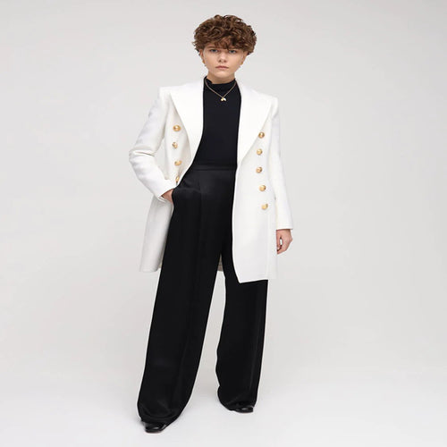 Damen Schmalgeschnittener Zweireihiger Wollmix-Longcoat mit markanter Schulter und goldenen Zierrundknöpfen Drune