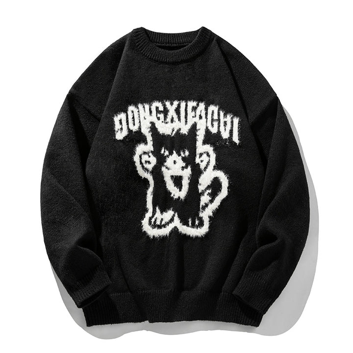 Unisex Oversize‑Strickpullover mit dreidimensionalem Flauschmotiv Katze und geripptem Saum Drune