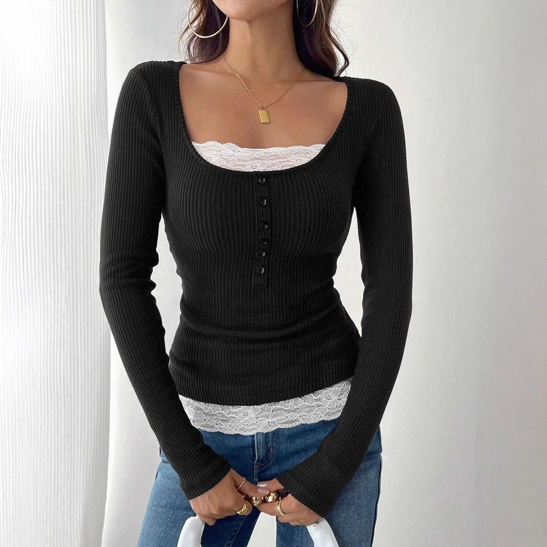 Damen Figurbetontes Rippenstrick-Top mit U‑Ausschnitt und Knopfleiste Drune