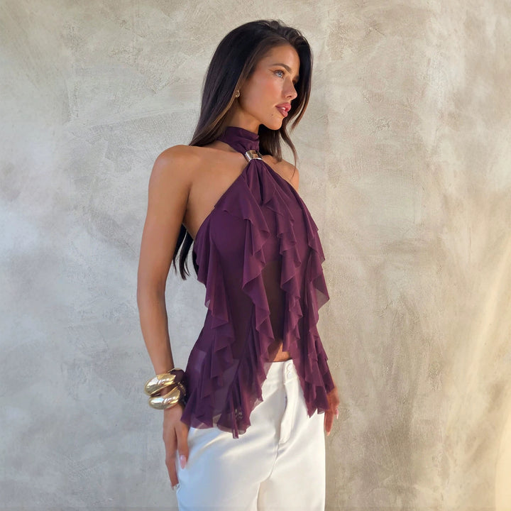 Damen nan Chiffon-Haltertop mit dekorativem Metallring und mehrlagigen Volants Drune