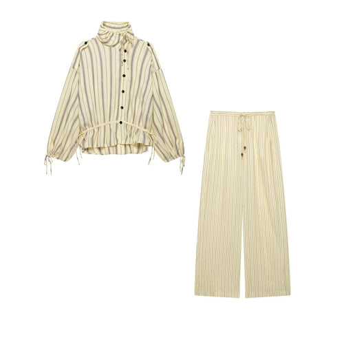 Damen Zweiteiliges gestreiftes Set aus Bluse mit Stehkragen und weiter Palazzohose Drune