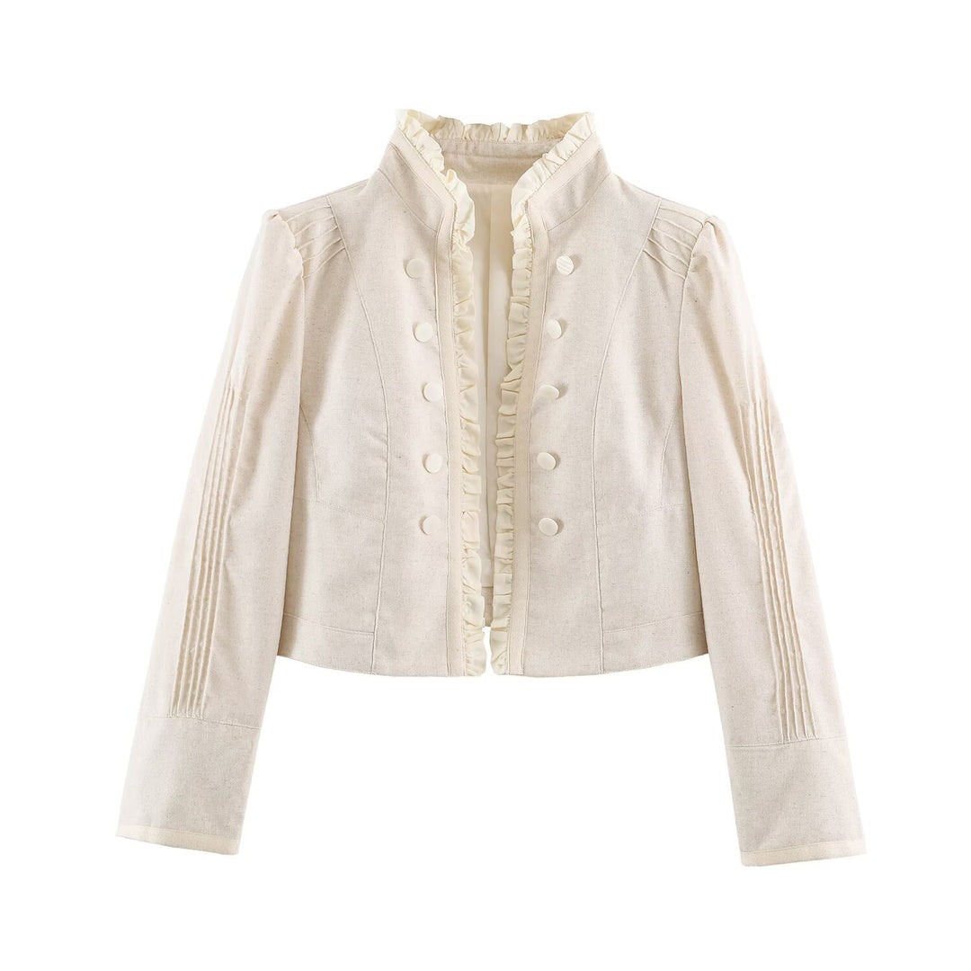 Damen Cropped Jacke mit taillierter Silhouette, Stehkragen und Rüschenblende Drune