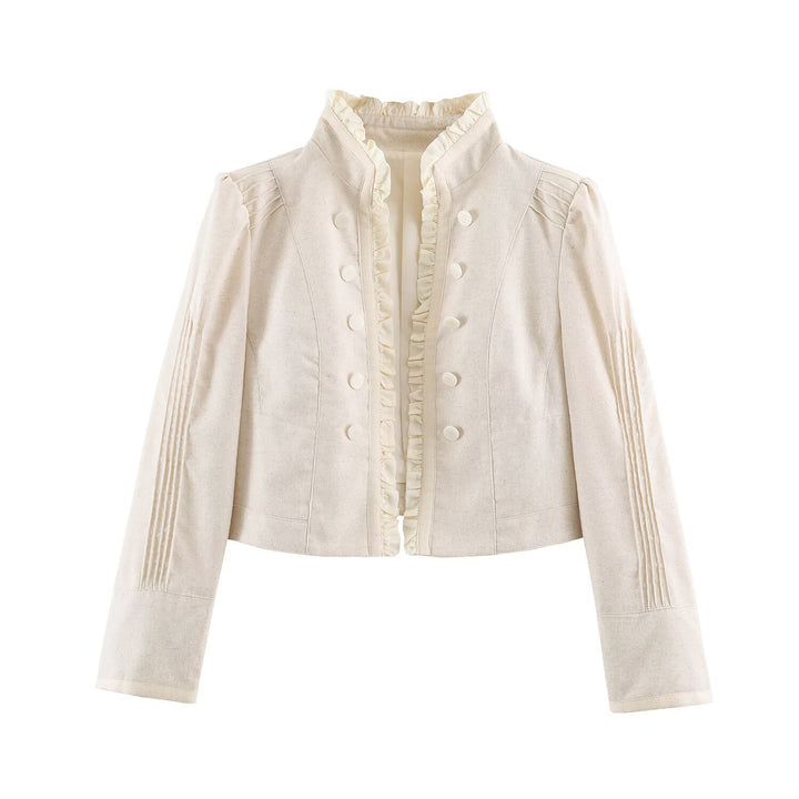 Damen Cropped Jacke mit taillierter Silhouette, Stehkragen und Rüschenblende Drune