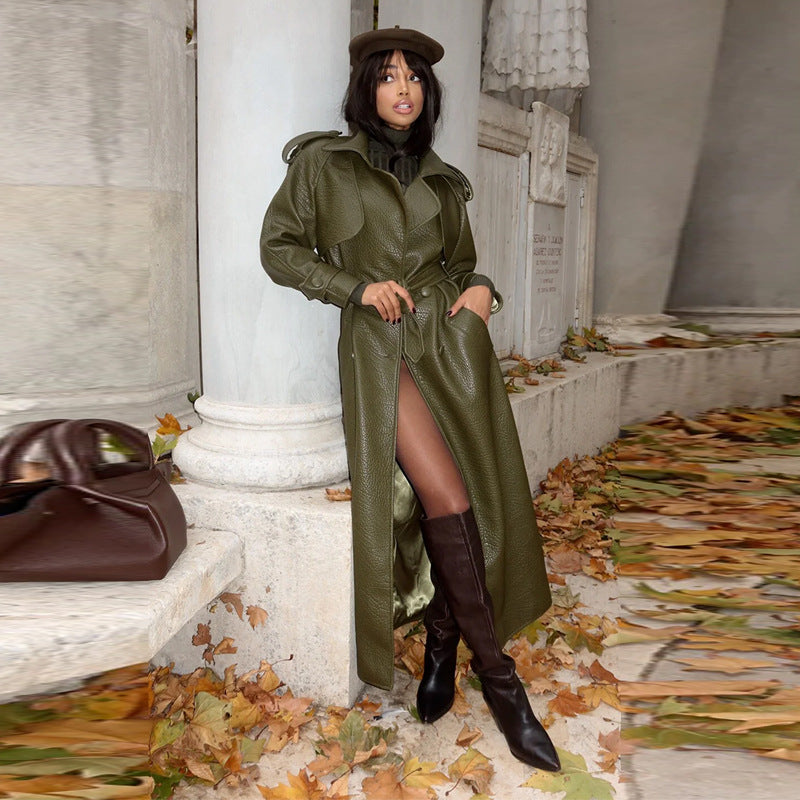 Damen Kunstleder Trenchcoat mit Oberteil und Taillengürtel Drune