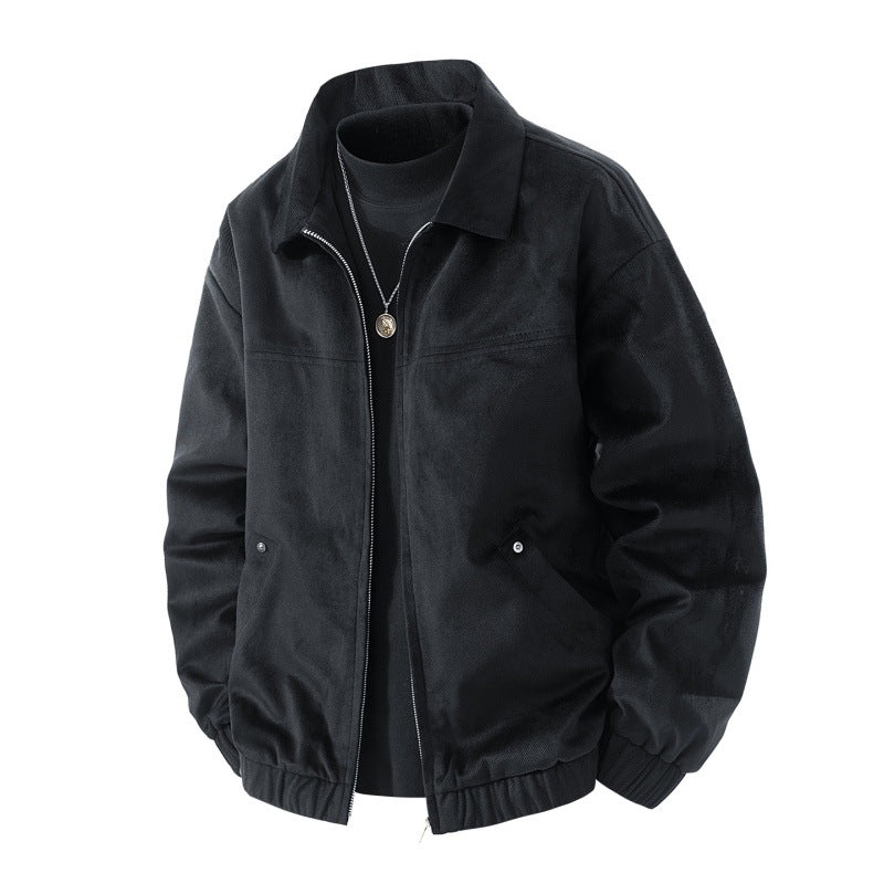 Herren leichte Harringtonjacke im Veloursleder‑Look mit Hemdkragen, durchgehendem Reißverschluss und elastischem Saum Drune