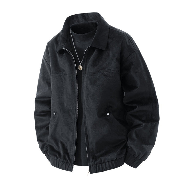 Herren leichte Harringtonjacke im Veloursleder‑Look mit Hemdkragen, durchgehendem Reißverschluss und elastischem Saum Drune