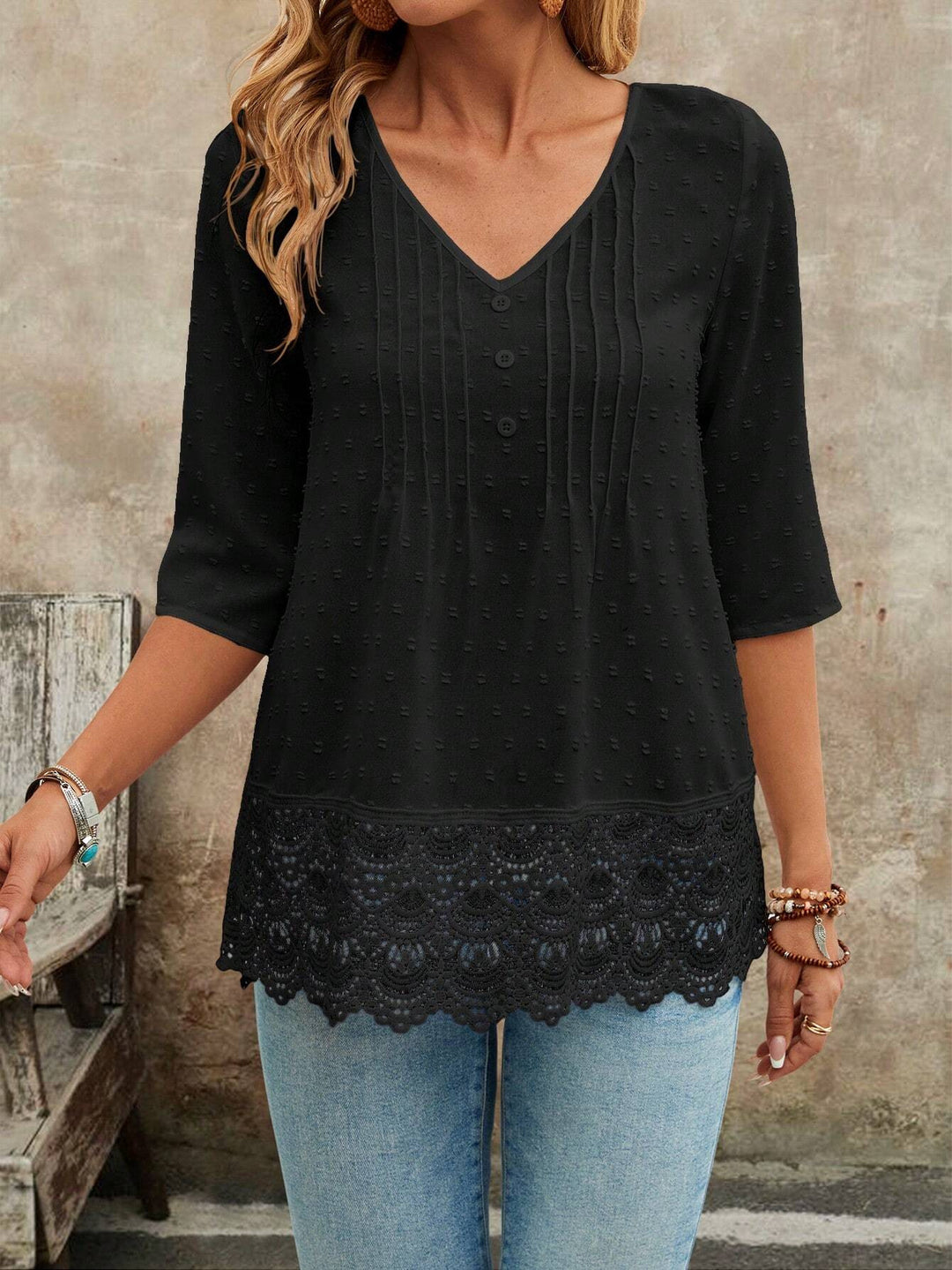 Damen Tunika Bluse mit Spitzenbesatz und strukturierten Pintucks Drune
