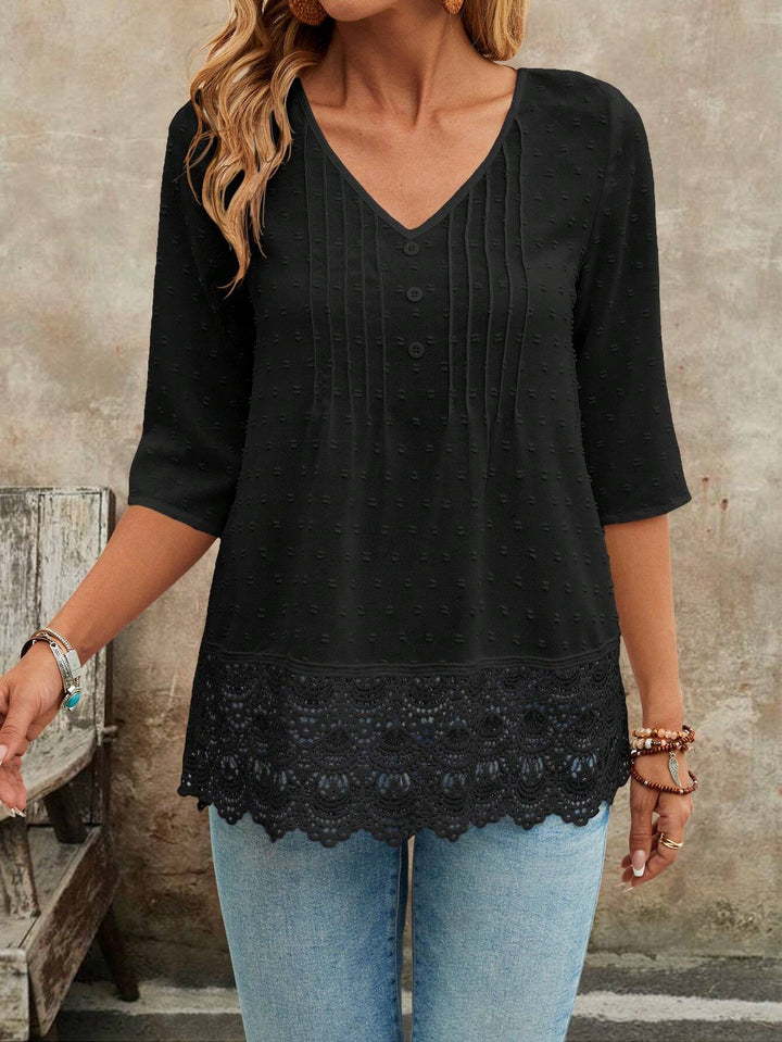 Damen Tunika Bluse mit Spitzenbesatz und strukturierten Pintucks Drune