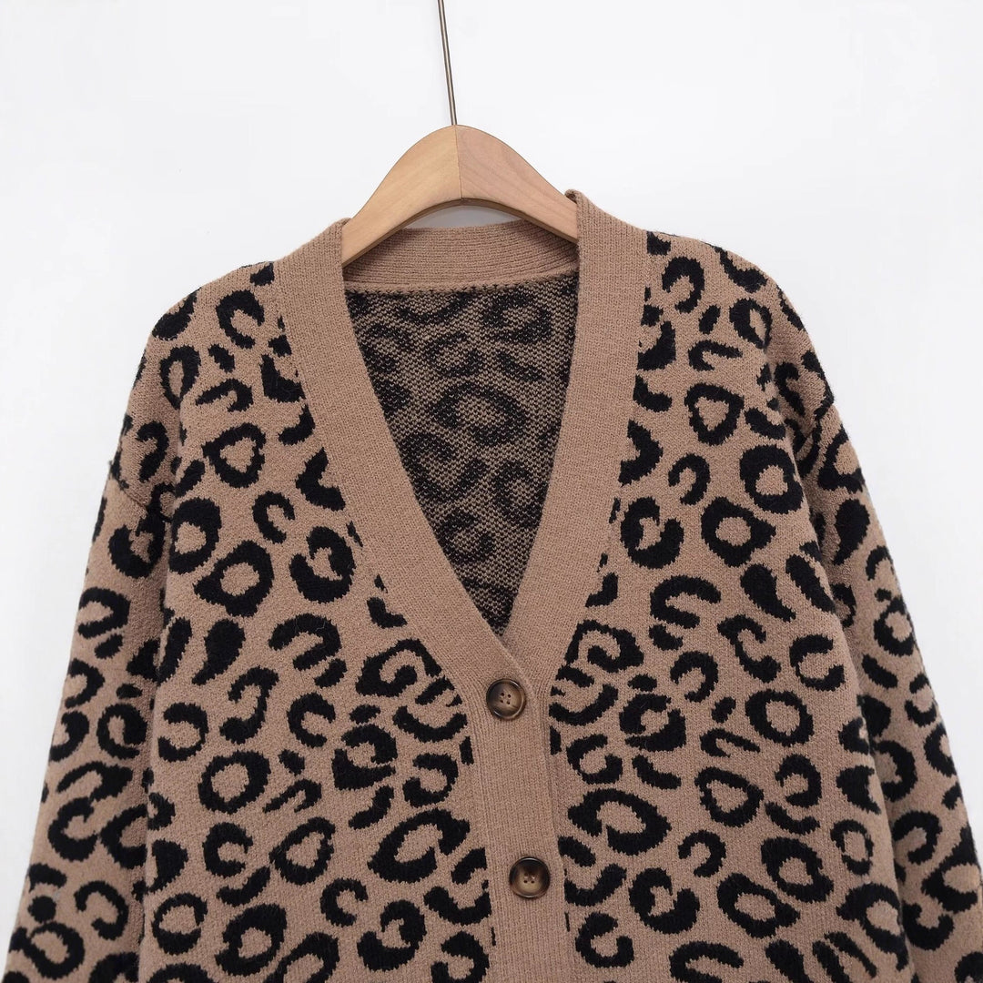 Damen Oversize-Strickcardigan mit Leoprint, V‑Ausschnitt und Knopfleiste Drune