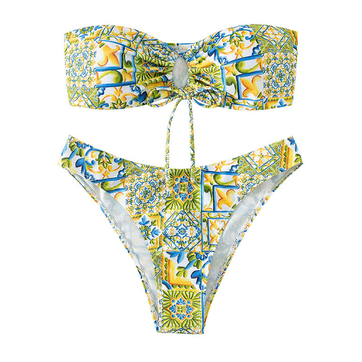 Damen Bandeau-Bikini mit raffiniertem Bindedetail und floralem Druck Drune