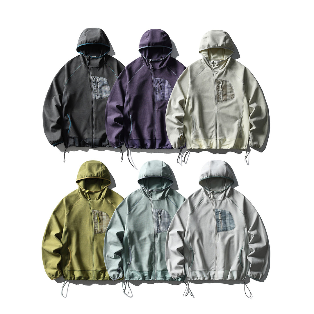 Unisex Leichte Tech-Fleece Kapuzenjacke mit Frontreißverschluss, Brust-Zip-Tasche und Kordelzugsaum Drune