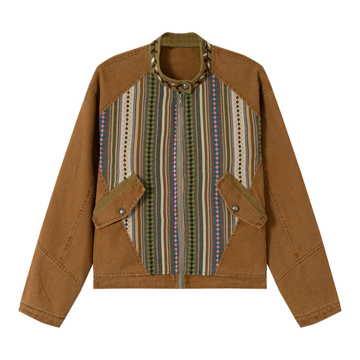 Damen Kurzer Canvas-Blouson mit gewebter Ethno‑Streifenfront und Pattentaschen Drune
