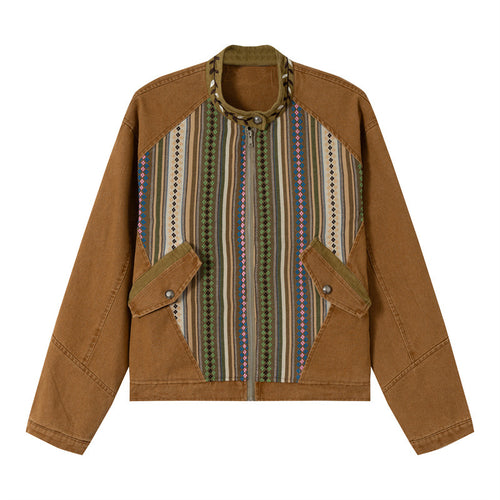 Damen Kurzer Canvas-Blouson mit gewebter Ethno‑Streifenfront und Pattentaschen Drune