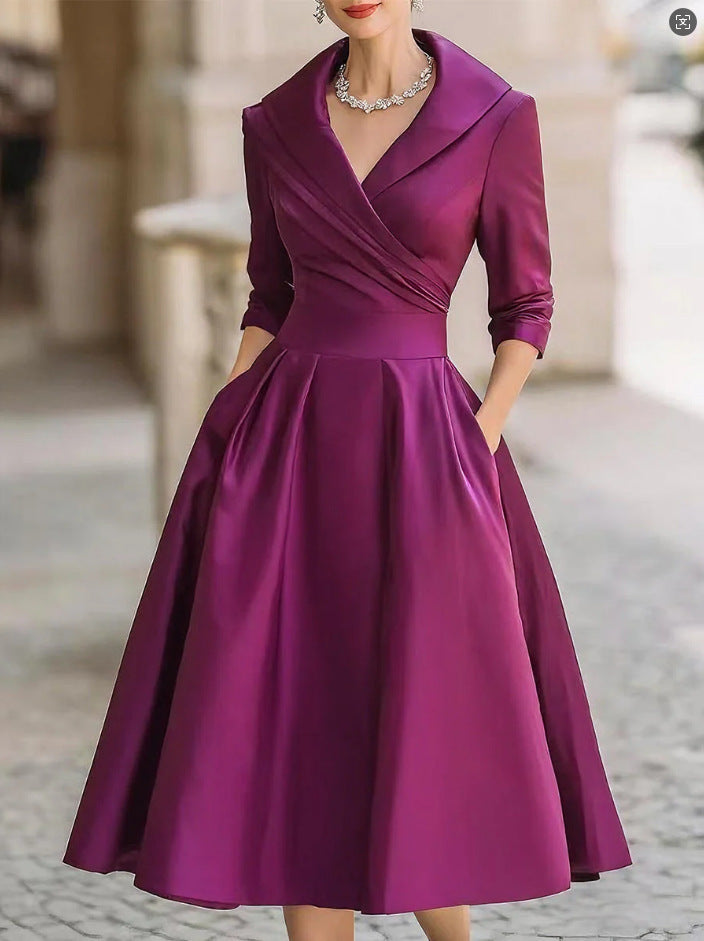 Damen Elegantes Satin-Midikleid mit Wickeloberteil, mittellangen Ärmeln und Eingrifftaschen Drune