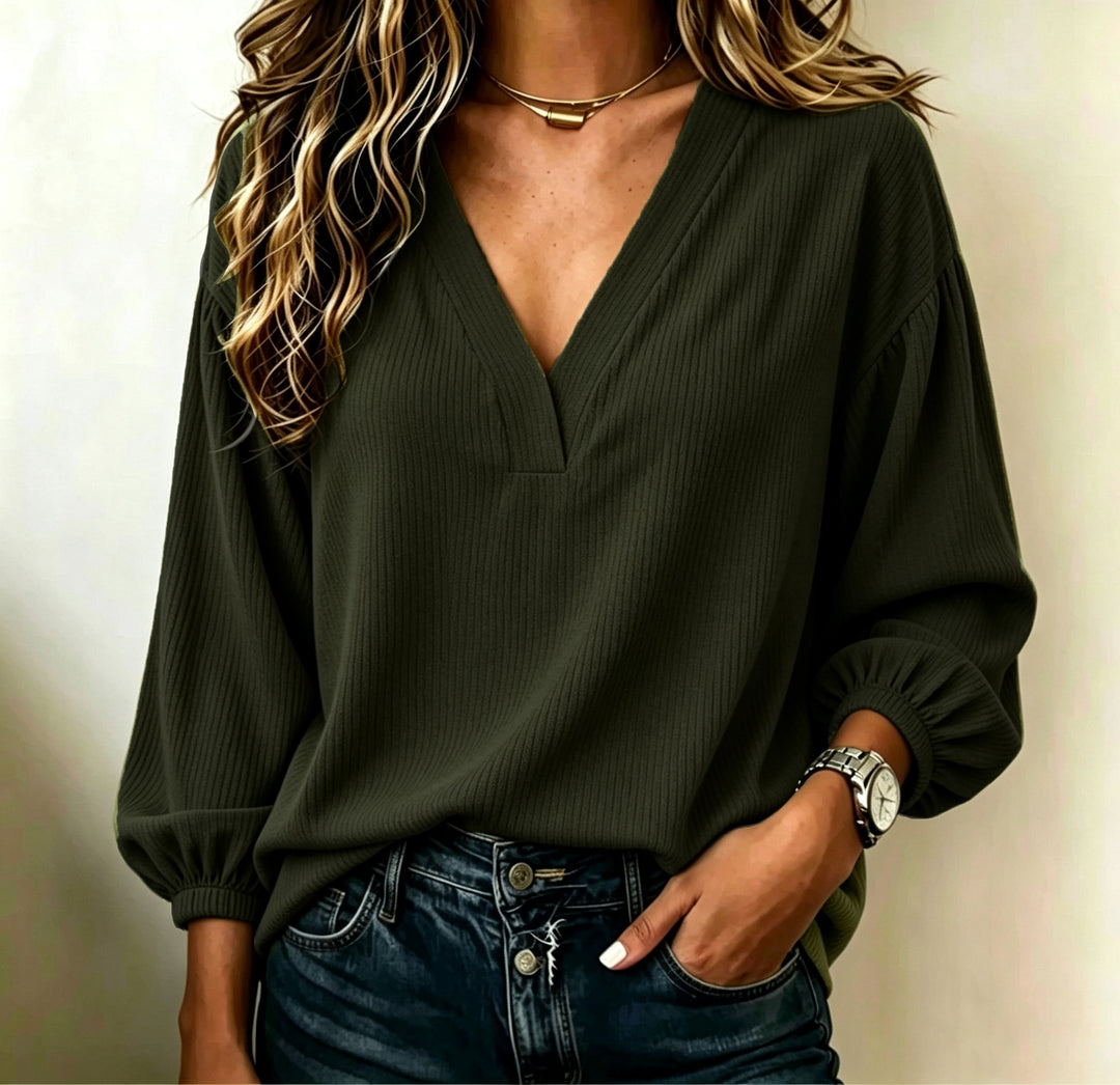 Damen Gerippter V-Ausschnitt Pullover mit Ballonärmeln Drune