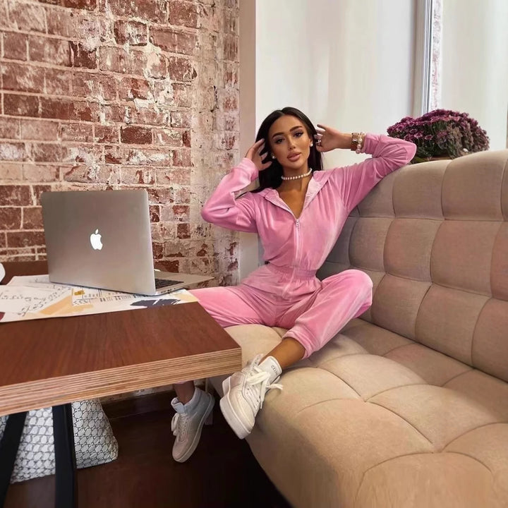 Damen sportlicher Fleece-Jumpsuit mit durchgehendem Reißverschluss Drune