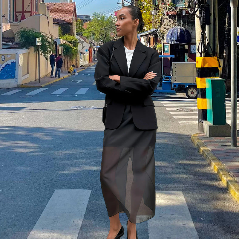 Damen Elegante durchsichtige Midi-Rock mit seitlichen Schlitzen und strukturierter Taille Drune