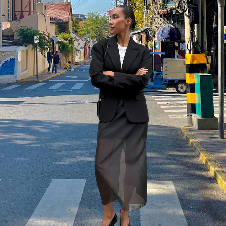 Damen Elegante durchsichtige Midi-Rock mit seitlichen Schlitzen und strukturierter Taille Drune