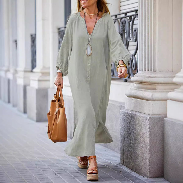 Damen lässiges Maxikleid mit durchgehender Knopfleiste und Ballonärmeln Drune