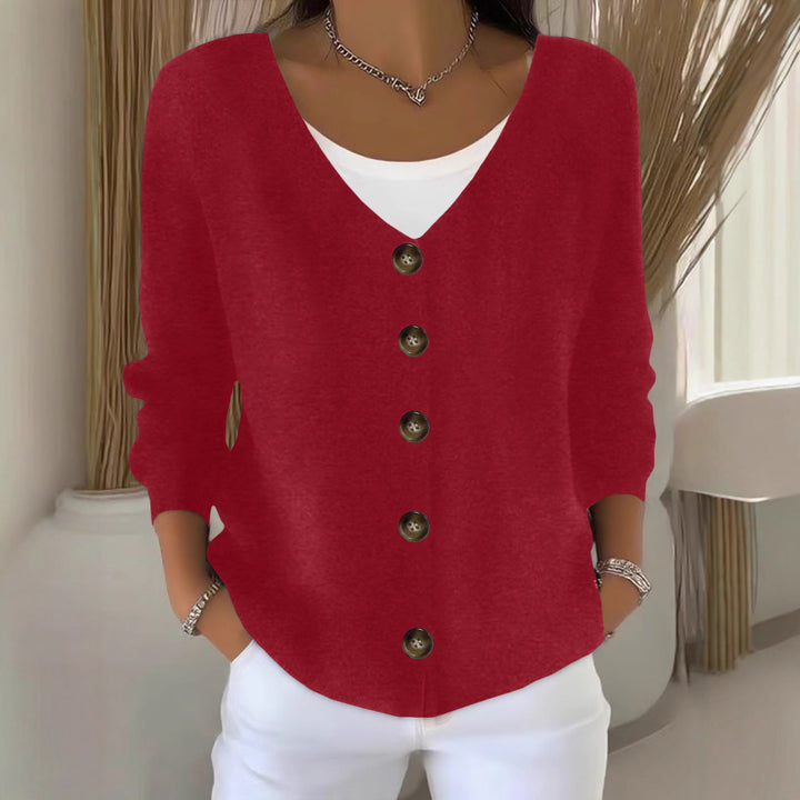 Damen Lockerer V-Ausschnitt Feinstrick-Cardigan mit Holzknopfleiste Drune